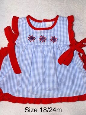 Blue Gingham Baby Dress with Red Trim